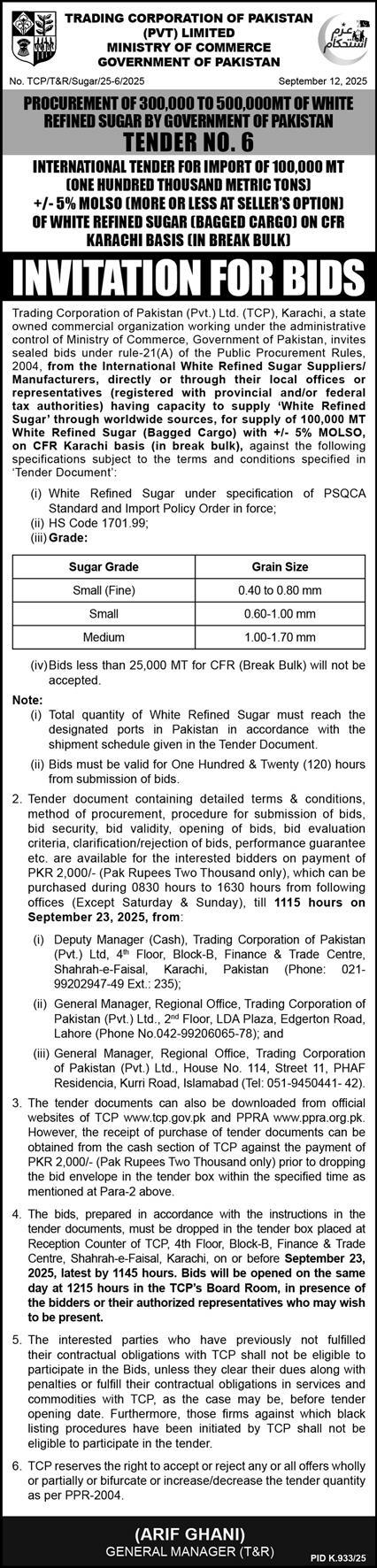 Trading Corporation of Pakistan Limited Tender Notice